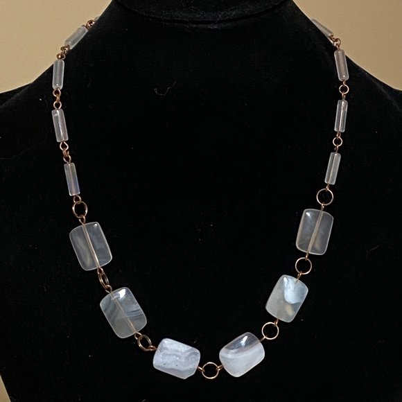 Geometric Agate Necklace, Rustic Genuine Gemstone Copper Link Necklace - Picture 5 of 10